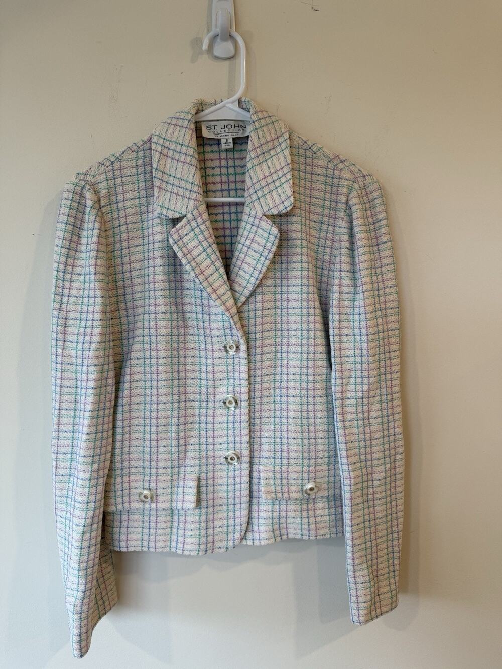 ST. JOHN Knits Cream Blue JACKET Siz 8 Suit Blazer Multicolor Plaid Classic
